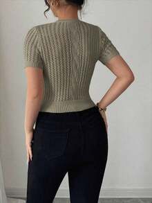 Blusa de mujer con tejido de cuerda hueco y decoración de mariposa, adecuada para la playa - Verde - Ver 2