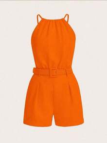 Mono casual de mujer de unicolor con bolsillo, cuello halter y pliegues - Naranja - Ver 3