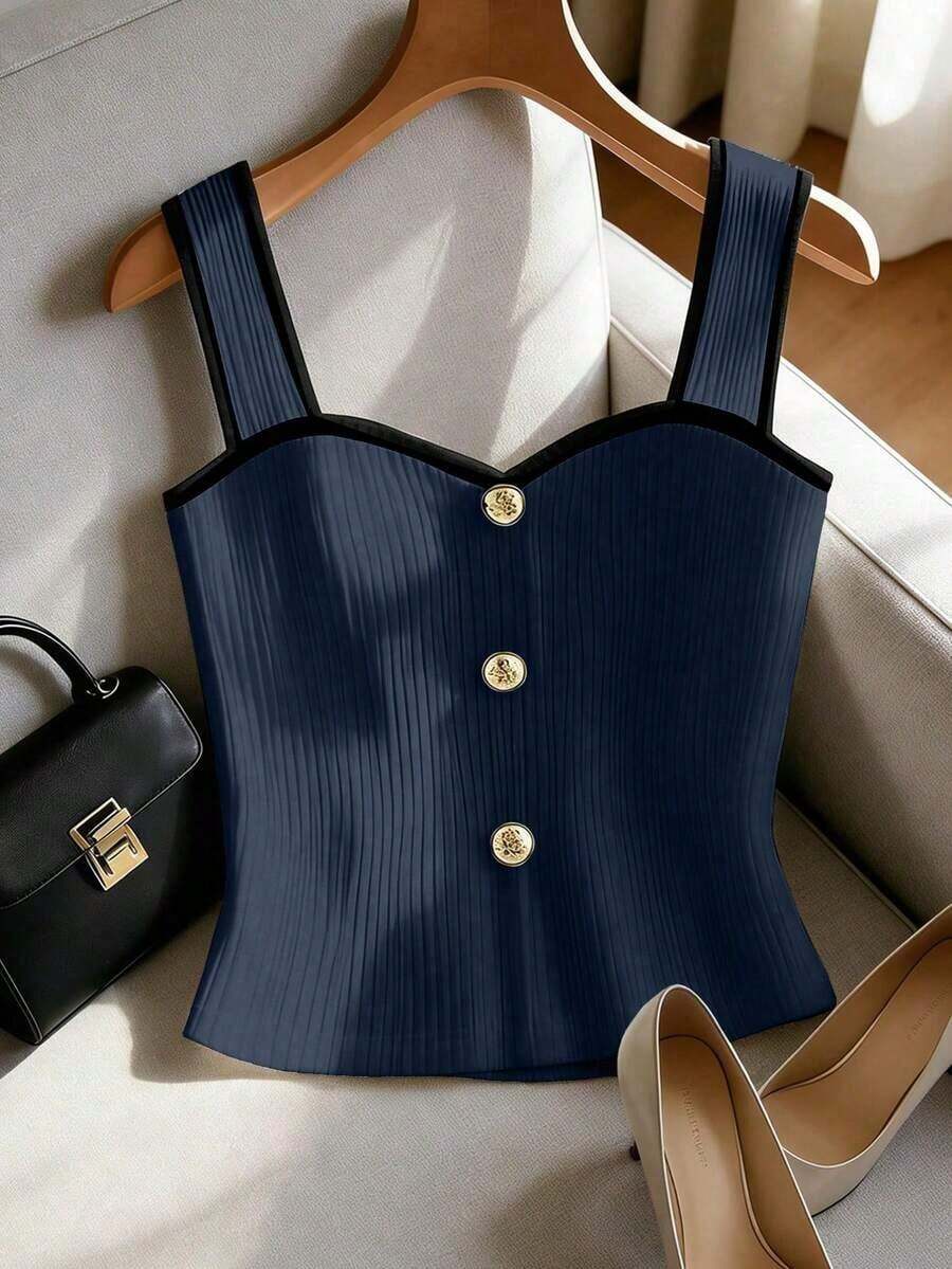 Nuevo llegado de primavera/verano Elegante estilo francés sin mangas Blanco Chic Decorativo Botón Contraste Color Blocking Camiseta de tirantes, Chaleco casual de mujer, Camisola sexy, Blusa sin mangas, Conjunto de primavera/verano - azul real - Ver 1