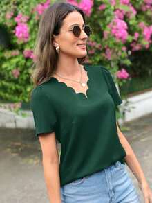 Blusa con corte en forma de abanico y mangas abullonadas - Verde Oscuro - Ver 7