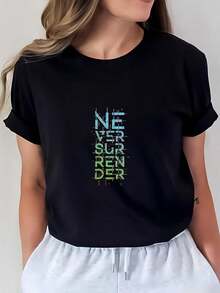 1 Piece Of 100% Cotton Cropped T-Shirt, Casual Round Neck With Print, Modern Design Never Gives Up, Breathable Short Sleeves For Everyday Wear - 黑色 - 查看 1
