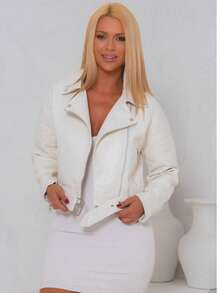 Women's Leather Jacket, Simple, Casual, Zipper, Pocket, Button, Night, Daily - Champagne - View 3