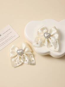 2pcs/Set French Bowknot Hair Clips, Gentle Side Duck Clip, Girly Heart Crystal Pearl Hair Clips, Essential Commuting Hair Accessories - Beige - View 4