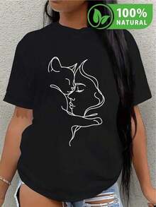 Camiseta negra para mujer con diseño artístico de gato y rostro en línea minimalista moda 2023 ideal para verano cómoda y versátil estilo urbano y casual perfecta para combinar con jeans inspiración en amor por mascotas accesorios para amantes de los gatos colores modernos y México - Negro - Ver 12