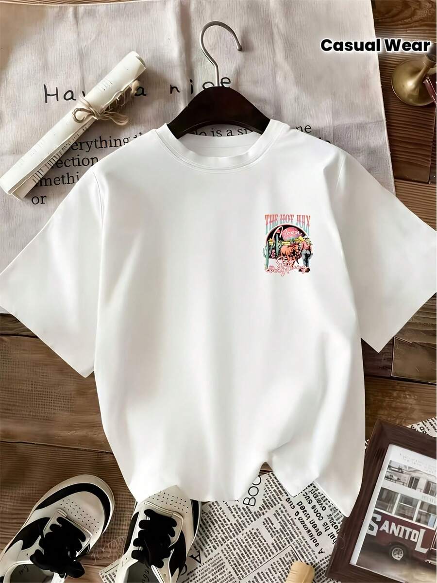 Blusa de manga corta estilo coreano retro - Cuello redondo - Camisa de línea con estampado de letras en negrita, elasticidad media, no transparente, lavable a máquina, blusa de verano adecuada para uso casual en primavera y verano - Blanco - Ver 1