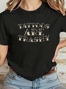 Camiseta Casual 100% Algodón para Mujer, Camiseta de Algodón con Estampado de Tatuajes, Divertida, Sarcástica, Anti-Tatuajes, Camiseta de Algodón para Verano, Camiseta Suave de Manga Corta para Mujer, Camiseta Elegante y Cómoda para Mujer, Camiseta Gráfica de Cuello Redondo y Manga Corta 100% Algodón para Mujer - Negro - Ver 1