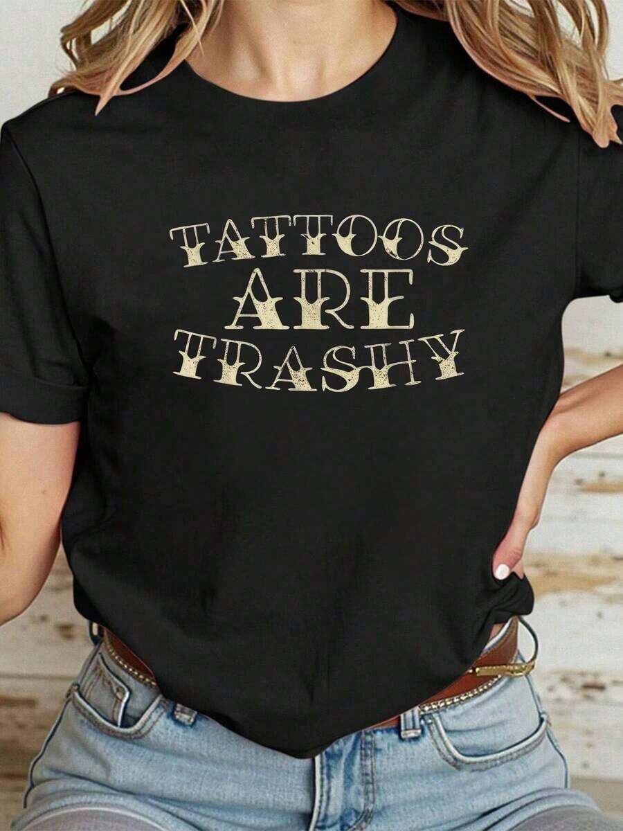 Camiseta Casual 100% Algodón para Mujer, Camiseta de Algodón con Estampado de Tatuajes, Divertida, Sarcástica, Anti-Tatuajes, Camiseta de Algodón para Verano, Camiseta Suave de Manga Corta para Mujer, Camiseta Elegante y Cómoda para Mujer, Camiseta Gráfica de Cuello Redondo y Manga Corta 100% Algodón para Mujer - Negro - Ver 1