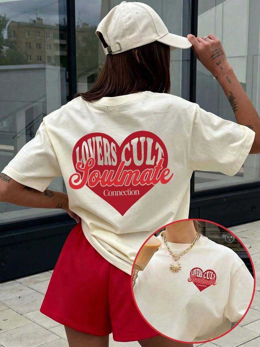 Camiseta Casual de Mujer de Manga Corta Tejida con Cuello Redondo y Estampado Gráfico de Corazón Soulmate 2026 - Blanco - Ver 1