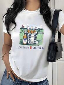 Camiseta con estampado gráfico de Beer Bucket Golf Course, 180g, 1 pieza, estilo casual de verano para mujer, 100% algodón, estilo vintage para vacaciones. - Blanco - Ver 1