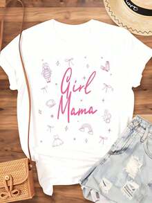 "Girl Mama" T-Shirt For Mothers And Daughters, Pink Graphic Design, Cute Maternity T-Shirt, Perfect Gift For Mom's Birthday Or Mother's Day, 220g - Urban Vintage Style, Unisex, Loose Cotton Short Sleeve T-Shirt With Round Neck, 100% Cotton - 白色 - 查看 4