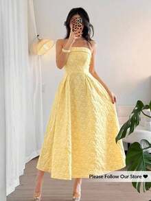 xheFirerie Vestido midi de talle alto y línea A, con textura, elegante y romántico para mujer, sin tirantes, color amarillo, adecuado para citas, vacaciones y fiestasxhe - Amarillo - Ver 9