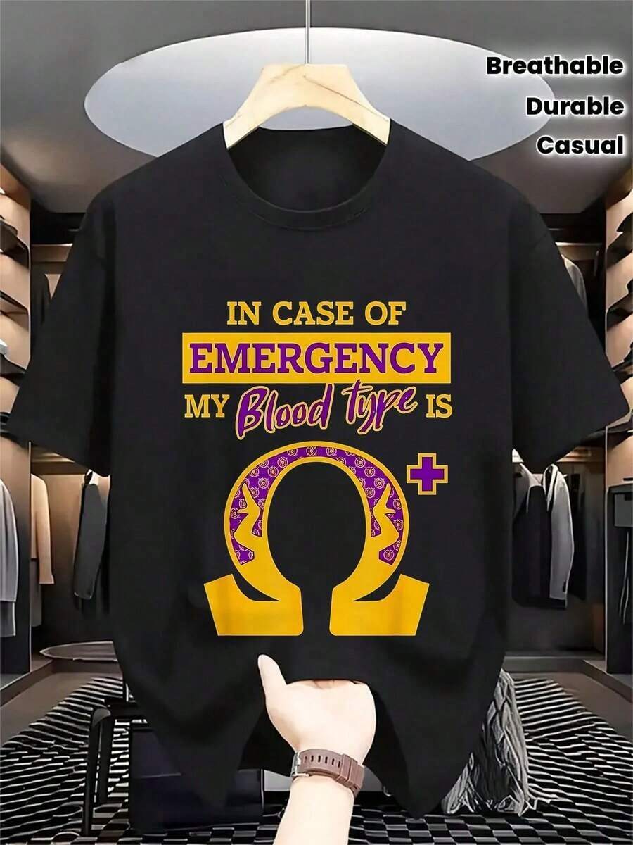 Camiseta Divertida de la Fraternidad "Mi Tipo de Sangre es Omega" - Camiseta con Símbolo de Omega, Cuello Redondo Suave y Transpirable en /Morado/Amarillo para Hermanos de Fraternidad - Ropa Casual, Fiesta, Regalo Ideal para Hermanos, Colores Vibrantes, Material Duradero, Diseño con Eslogan, Idea para Sororidades - Negro - Ver 1