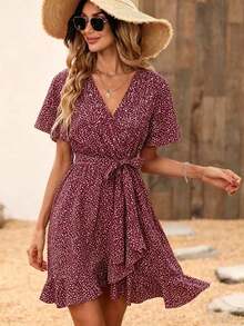 Vestido con estampado dálmata, mangas de mariposa, volantes, dobladillo envolvente y cinturón para vacaciones y playa para mujeres - Albaricoque - Ver 7