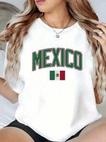 Camiseta Gráfica de Fiesta Cultural Mexicana, 2026, con Letras Atrevidas de México y Bandera Nacional Celebrando la Herencia y el Orgullo Mexicano en Vibrantes Colores Verde, Blanco y Rojo, Camiseta 100% Algodón para Mujer - Regalo para el Día de la Madre, Estampado Gráfico, Blusa de Verano, Top Diario para Fanáticas de la Cultura Mexicana y Latina, playeras de mujer - Blanco - Ver 7
