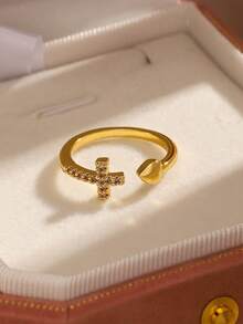 1pc Minimalist Versatile Gold/Silver Round Cubic Zirconia Cross & Heart Dual-Head Open Ring, Suitable For Women's Daily Wear - Gold - View 7