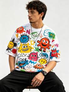 T-shirt homme à imprimé de graffiti de rue américain, motif de visage amusant, coupe ample décontractée col rond pour l'été - Blanc - Voir 1