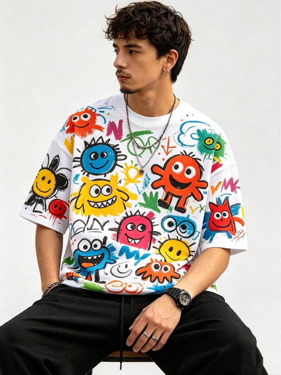 T-shirt homme à imprimé de graffiti de rue américain, motif de visage amusant, coupe ample décontractée col rond pour l'été - Blanc - Voir 1