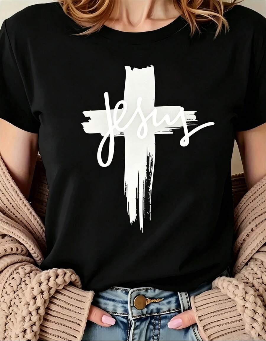 Camiseta de mujer de moda con diseño simple y versátil - estampada con 'Jesús: Símbolo de Fe y Fuerza', mangas cortas, cuello redondo, de secado rápido. Lavable a máquina, textura suave - perfecta para ocasiones casuales y formales. Camiseta de algodón. - Negro - Ver 1