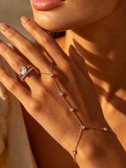Juego de joyería de lujo y elegante con pulsera de cadena de mano chapada en oro con circonita, anillo de cobre con circonita, para mujer, ideal para vacaciones en la playa, verano bohemio, fiestas diarias, regalos para el Día de la Madre, San Valentín, festivales de música