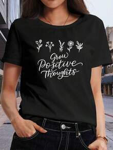 Camiseta de Mujer TrendyLine con Estampado Floral Blessing, Transpirable y Suave, Tejido de Elasticidad Media, Cuello Redondo, Camiseta Casual para Primavera, Verano y Otoño, Camiseta con Estampado y Cuello Redondo para Uso Diario - Negro - Ver 7