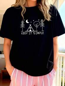 1 Piece Of Minimalist Graphic T-Shirt For Women, Ideal For Camping, With Pine And Other Plant Print, Soft And Stretchy Fabric, Round Neck, Casual Top, Camping Clothes, Nature Inspired Design, Comfortable Fit, Everyday Wear, 180g 100% Cotton. - 黑色 2 - 查看 2
