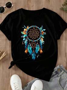 Dreamcatcher Print T-Shirt With Feather And Flower Design For Casual And Sporty Outfits - Vintage Urban Style, Unisex, Cotton, Short Sleeve, Round Neck, 100% Cotton - 黑色 - 查看 3