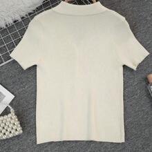 Camiseta de punto con cuello polo y mangas raglán cortas para mujer, nueva para primavera/verano, cárdigan casual ligero - Negro - Ver 9