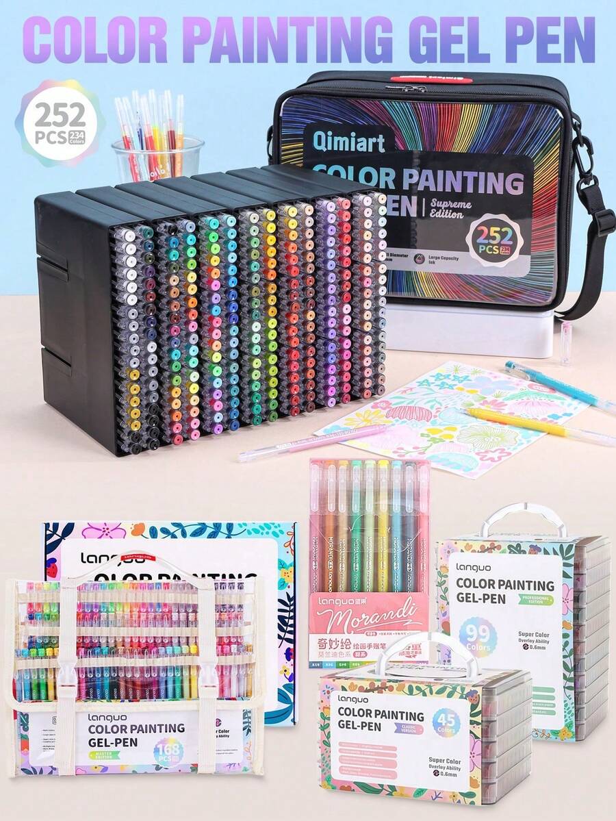 252pcs 234-Color Gel Pens, 168pcs Carrying Bag & 45/72/99pcs Storage Box & 9pcs 28-Color Themes, 0.6mm Student Drawing Neutral Pens, Suitable For Note-Taking, DIY, Layered Painting, Anime Coloring And More, Great Gift For Boys/Girls Students, Back To School & Teacher Rewards