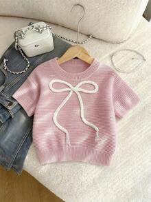 2026Franclia Nuevo suéter de punto casual con lazo dulce y lindo en color rosa para mujer, blusa de lazo rosa bebé de manga corta para primavera/verano, blusas de punto con lazo lindas para mujer - Negro - Ver 11