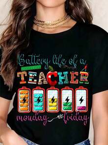 Camiseta de Profesor con Estampado Gráfico "La Duración de la Batería de un Profesor de Lunes a Viernes" para la Vuelta al Cole y el Día del Agradecimiento al Profesor, camiseta elegante adecuada para fiestas. - Negro - Ver 6