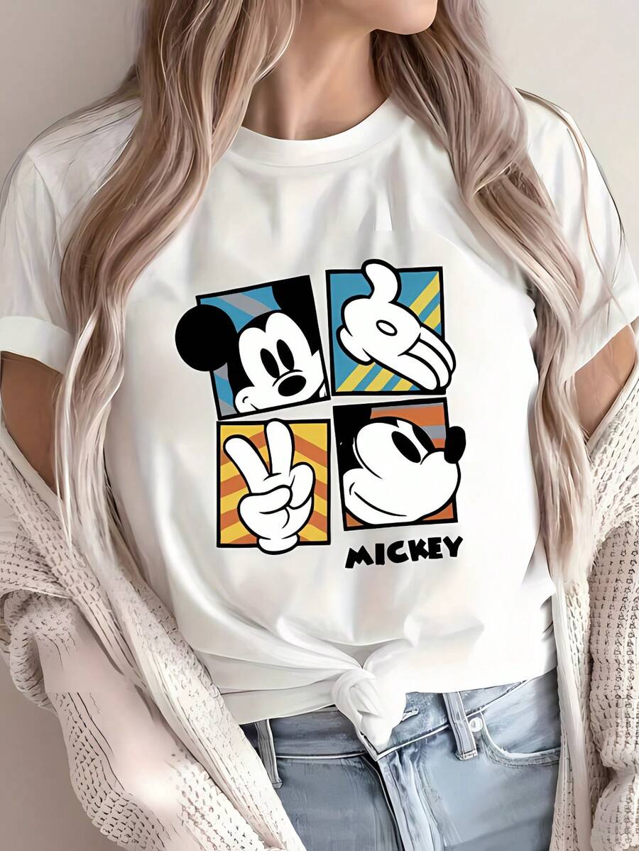 Disney Mickey Mouse Retro Quad Print T-Shirt, Women's Tops De Mujer, Cute Summer Tops, Casual Summer Outfits For Women, Vacation Outfits Women, Soft Crew Neck Tee For Disney Trip & Daily Wear - trắng - Xem 1
