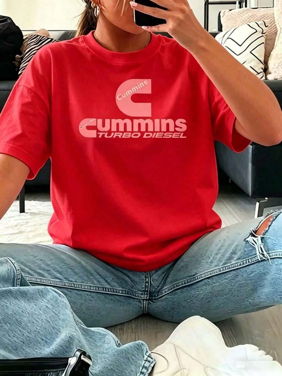 Nueva Camiseta Casual de Verano Viral para Mujer, Camiseta de Manga Corta con Cuello Redondo y Estampado Gráfico Cummins Turbo, Camiseta Básica de Verano de Corte Relajado para Mujer, Atuendo de Verano para Vacaciones y Ropa Urbana para Mujer, 100% Algodón, Imprescindible para el Festival - Estilo Urbano Vintage, Camiseta Unisex de Algodón Suelto de Manga Corta con Cuello Redondo - Rojo - Ver 1