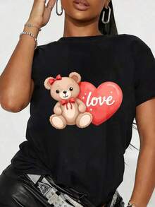 ModernoLadies - New Popular Valentine's Day T-Shirt For Women, Teddy Bear And Heart Print, Short Sleeve Crew Neck Crop Top, Slim Fit, Pink Bow And Hearts Design, Machine Washable, Spring And Summer Casual Wear, Valentine's Day Outfit, Essential For Matching (Black With Pink Bear Face And Hearts), Comfortable Casual Outfit, Slim Fit, Digital Print, Relaxed Fit, Versatile Piece For Matching, Adorable Teddy Bear And Hearts Design, Fun Short Sleeve Crew Neck T-Shirt For Women, Suitable For: Sporting Events/Christmas Parties/Outings/Sports And Other Christmas Gifts. - 黑色 - 查看 5