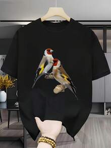 Camiseta de mujer,  de moda Y2K con un par de estampados de pájaros coloridos. |   Camiseta estampada versátil para mujer, ideal para primavera y verano, lavable a máquina, 95% poliéster, 5% spandex, tejido de punto, longitud regular, Tops para Mujer. - Negro - Ver 7