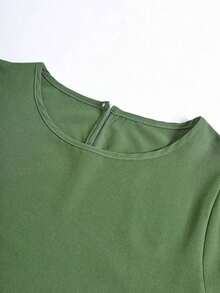 Blusa casual suelta de manga farol de cuello redondo de unicolor de verano para mujeres, top de manga tres cuartos - Verde - Ver 7