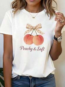 100% Cotton T-Shirt With Letter Print, Soft As Peach Skin, Short Sleeve, Round Neck, Casual Style For Summer And Spring, Women's Clothing. - 白色 - 查看 6