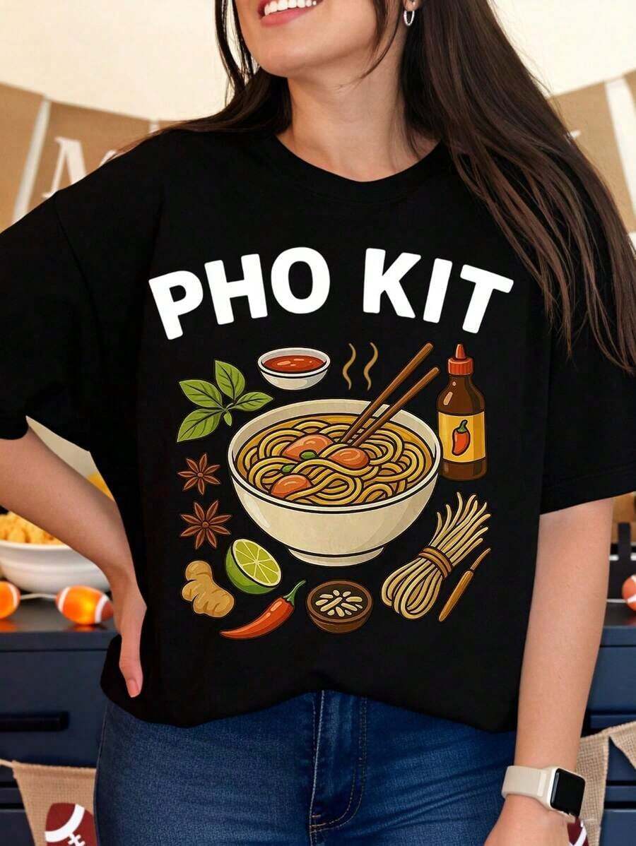 100% Cotton, Women's T-Shirt With Vietnamese Noodle Soup Print, Graphic Tee For Women, Men, Unisex, Casual Streetwear, Fashion Top, Gift Idea For Food Lovers. - 黑色 - 查看 1
