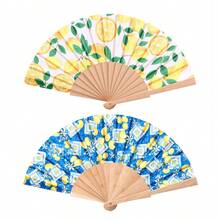 1pc Lemon Print Folding Fan, Spanish Wooden Fan, Portable Fabric Lemon Bamboo Fan, Theme Party Decor Hand Fan - Multicolor - View 12