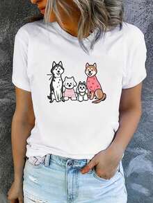 Camiseta de manga corta estampada para mujer con cuello redondo, moderna y casual, lavable a máquina, ajuste cómodo, estampado plano 2D, Blusas Para Mujer Casual 2D. - Blanco_09 - Ver 7