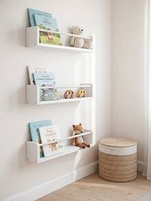 1pc Floating Wall Shelf, Minimalist Design Wall-Mounted Storage Rack, Wall-Mounted Student Bookshelf, Picture Book Shelf, Kindergarten Bookshelf - White - View 2