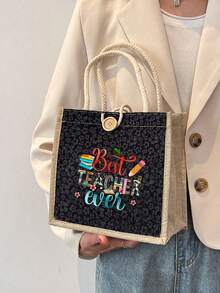 Best Teacher Floral Letter Print Linen Tote Bag, Teacher's Day Gift, Reusable Printed Tote Bag, Casual Commuter Tote Bag - Multicolor - View 17