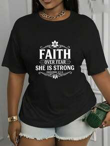 Suave, transpirable y ligera para comodidad durante todo el día. Camiseta estampada con el diseño 'Faith Over Fear', elasticidad media, lavable a máquina, moderna y versátil, estilo de cuello redondo, adecuada para el vestuario de primavera y verano, camiseta de manga corta, camiseta casual de manga corta. Cuello redondo clásico con un corte relajado que favorece todas las formas del cuerpo y es fácil de combinar con jeans, shorts y leggings. - Negro - Ver 12