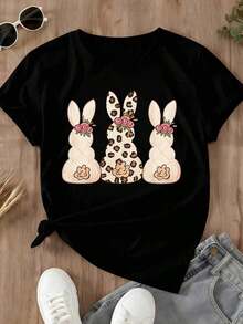 Camiseta Casual de Mujer con Diseño de Huevo de Chocolate de Conejo de Pascua, Corona Floral y Estampado de Leopardo, Top de Temporada de Primavera para Celebración de Pascua - Estilo Urbano Vintage, Unisex, de Algodón 100%, Manga Corta, Cuello Redondo, Corte Holgado. - Negro - Ver 4