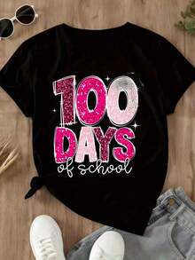 "100 Days Of School" Glitter T-Shirt - Bright Pink Design, White Crew Neck, For Kids And Teachers, Celebration T-Shirt - Urban Vintage Style, Unisex, Cotton, Short Sleeve, Crew Neck, 100% Cotton. - 黑色 - 查看 4