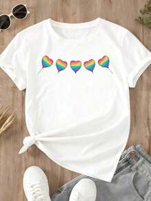 Camiseta con Estampado de Corazón Arcoíris para Uso Casual en Actividades de Ocio y Deportivas - Estilo Urbano Vintage Unisex, Camiseta de Manga Corta de Algodón 100% con Cuello Redondo - Blanco - Ver 3