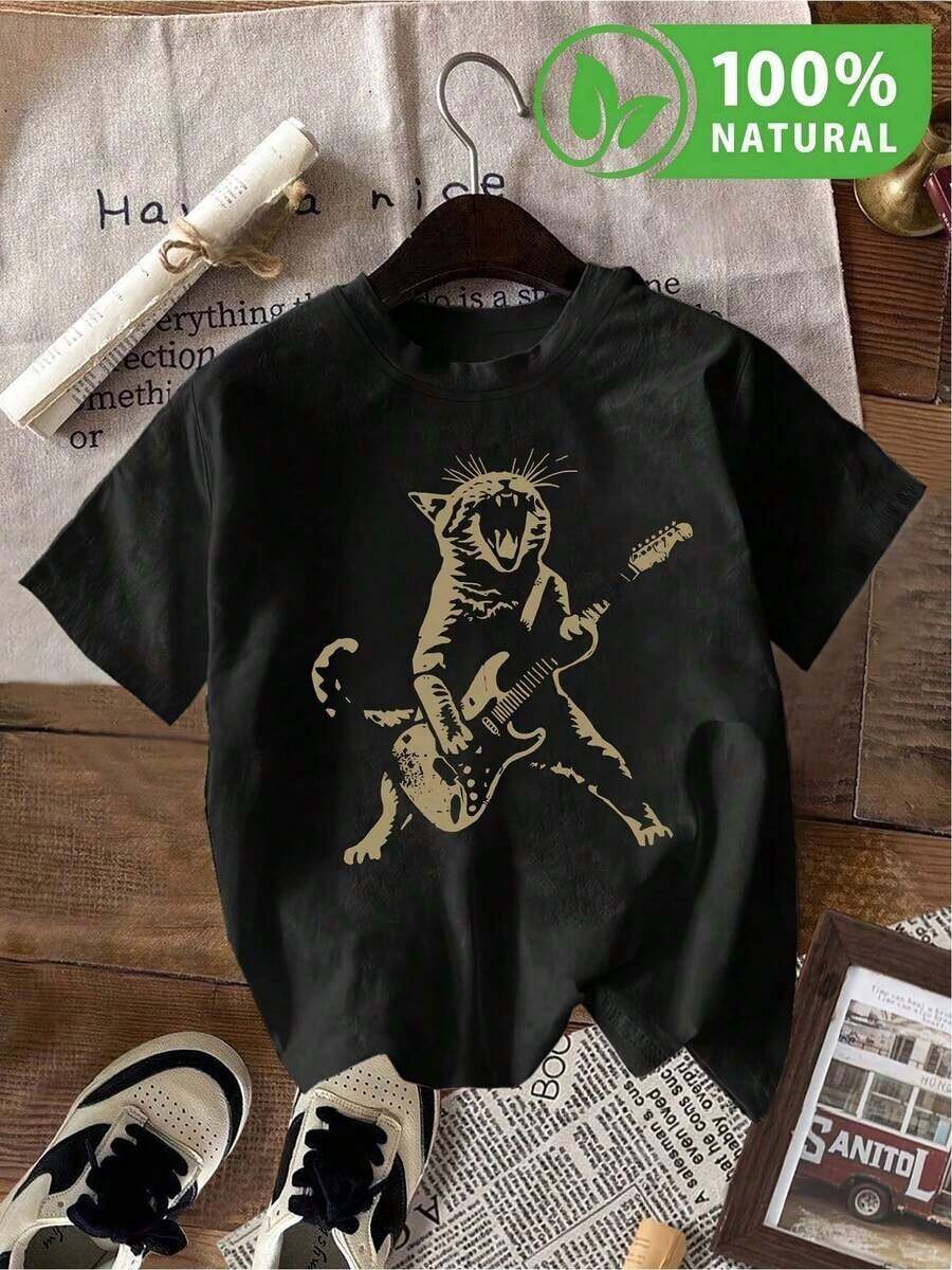 Camiseta Unisex Gato Rockero Estilo Casual Moderna Diseño Original Negra Playera Juvenil Moda México - Negro - Ver 1