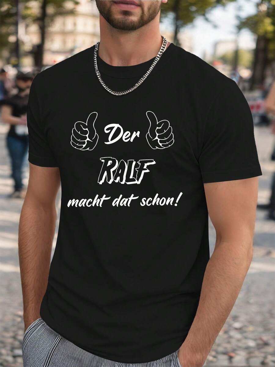 Camiseta de talla grande para hombre - "Der RALF" ropa de calle alemana, cuello redondo casual, manga corta con diseño geométrico, poliéster ligero para verano, TALLA GRANDE - Negro - Ver 1