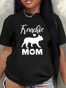 Camiseta "Mamá de Bulldog Francés", camiseta de poliéster estampada de manga corta para mujer, adecuada para uso casual en casa y al aire libre, diseño ligero y duradero, imprescindible para los amantes de los perros.blusa casual mujer - Negro - Ver 1