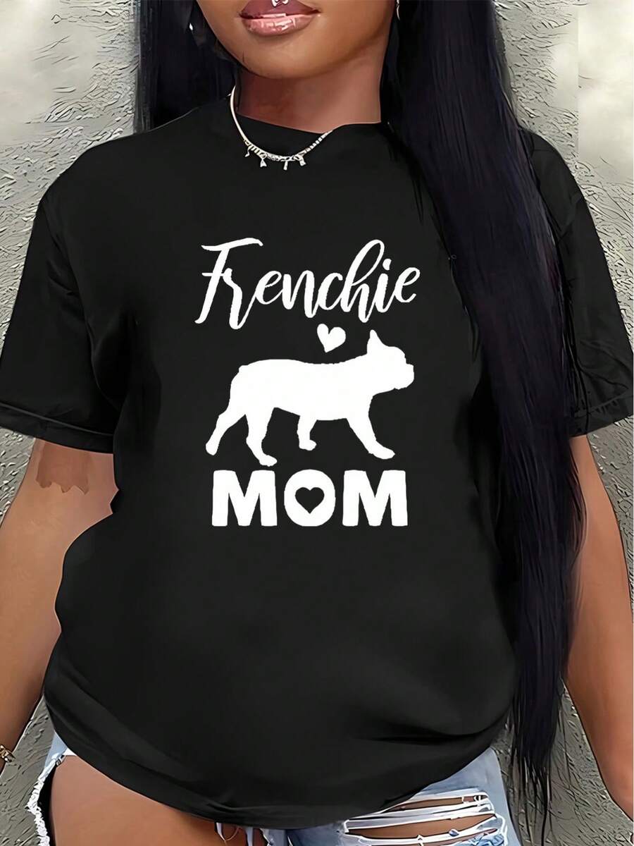 Camiseta "Mamá de Bulldog Francés", camiseta de poliéster estampada de manga corta para mujer, adecuada para uso casual en casa y al aire libre, diseño ligero y duradero, imprescindible para los amantes de los perros.blusa casual mujer - Negro - Ver 1