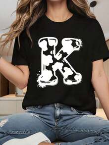 Camiseta de Algodón Estilo Vintage con Estampado de Eslóganes de Lisboa, Camiseta de Mujer con Cuello Redondo y Mangas Cortas, Camiseta con Estampado Gráfico de Letra K y Diseño de Vaca, Top Casual Negro para Mujer, Diseño de Moda, Prenda de Estilo para Verano, Impresión Divertida, Adecuada para Fiestas de Navidad, Actividades Deportivas, Fiestas de Vacaciones, Salidas, Deportes y Otros Regalos Festivos (220g). para el Verano Diario - Blanco - Ver 4